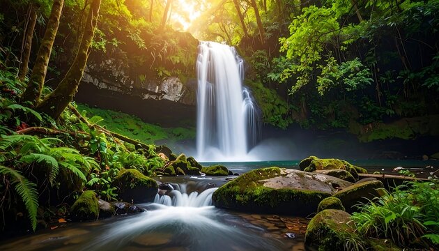 Waterfall cascades into a stream surrounded by lush green foliage with sunlight filtering through trees above
