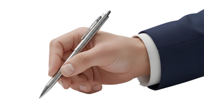 Business person s hand holding a silver pen writing isolated on transparent background