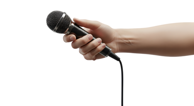 Hand holding a professional microphone for interview or presentation isolated on transparent background