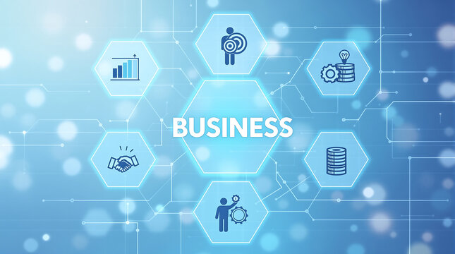 Business technology concept with icons for strategy success development and partnership growth diagram