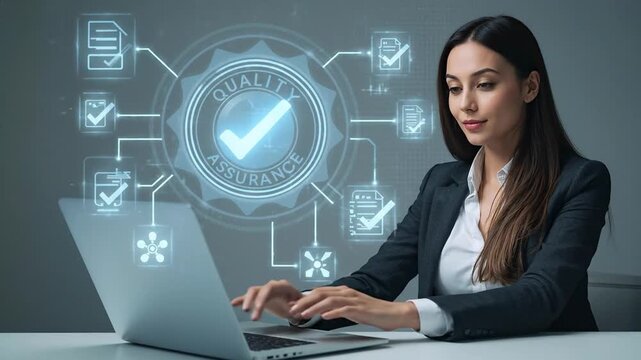 Professional businesswoman utilizing a laptop with a glowing digital quality assurance and compliance management system overlay, symbolizing busine...