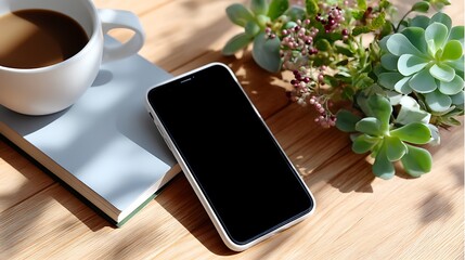 Minimalist Workspace with Coffee, Smartphone, Plant, and Notebook on Wood