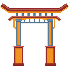 Traditional Japanese Torii Gate Architectural Element With Orange Blue And Red Colors In Simple Flat Design Style Isolated On White Background