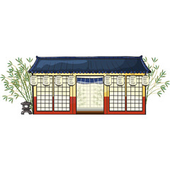 Traditional Japanese Building With Bamboo And Stone Lantern On A Transparent Background Pixel Art...