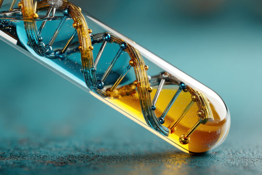 Blue and gold liquid metal double helix inside glass test tube on teal background