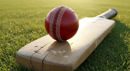Cricket ball resting on wooden bat in sunny grassy field  