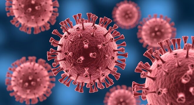 Coronavirus cell close up on blue background, a dangerous pandemic virus