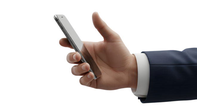 Man s hand holding a smartphone isolated on transparent background