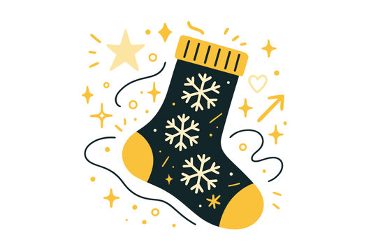 Winter Socks Fashion. Socks. Winter socks with snowflakes and abstract floating sparkles, lines, and icons; conveys warmth, seasonal fashion, and lifestyle.
