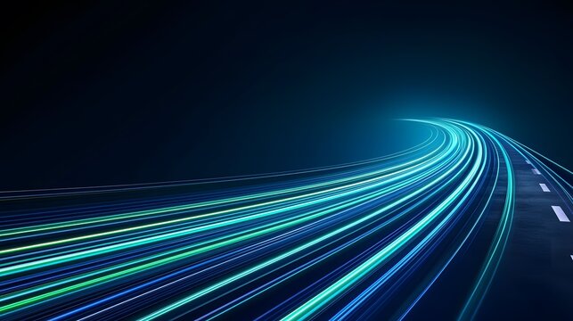 The image displays a futuristic, curving road with streaks of bright blue and green light trails, set against a dark background, creating a sense of speed and movement.