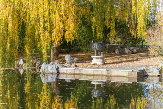 Weeping willow drapes over a waterside terrace with an ornamental vessel. Yellow leaves shimmer in the reflection. - Powered by Adobe