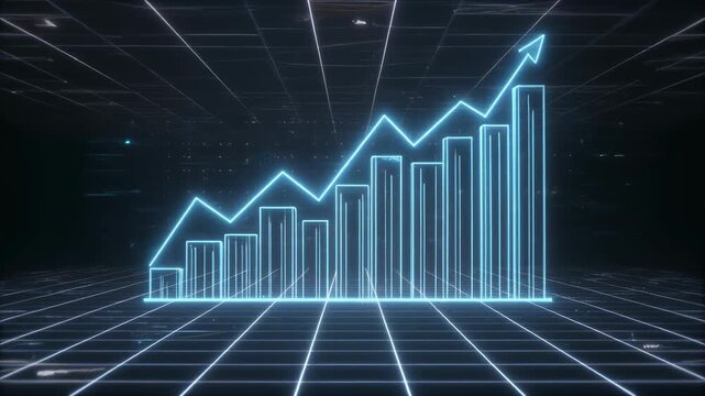 Abstract neon graph ascending on grid illustrating growth and progress