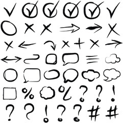 Vector hand-drawn brush icons set. Doodle checkmarks, arrows, speech bubbles and symbols for notes, highlights and UI design.