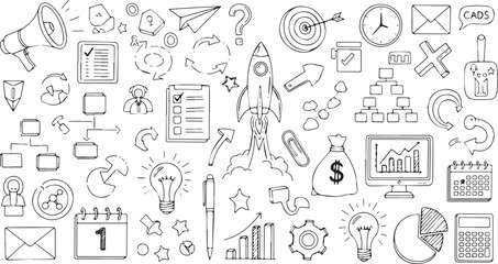 Hand-drawn business doodles vector illustration of marketing and finance elements background