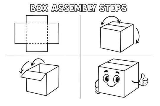 Box Assembly Coloring Fun. Box Assembly Steps children?s coloring book illustration, outlined drawing, four simple panels showing fold lines and arrows for