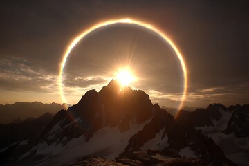 Stunning Solar Halo Over Majestic Mountain Range at Sunrise in Nature