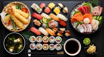 A top-down view of an elegant Japanese meal set featuring assorted sushi rolls, nigiri, and sashimi served alongside tempura and miso soup. Captured on a dark slate background, highlighting the colors
