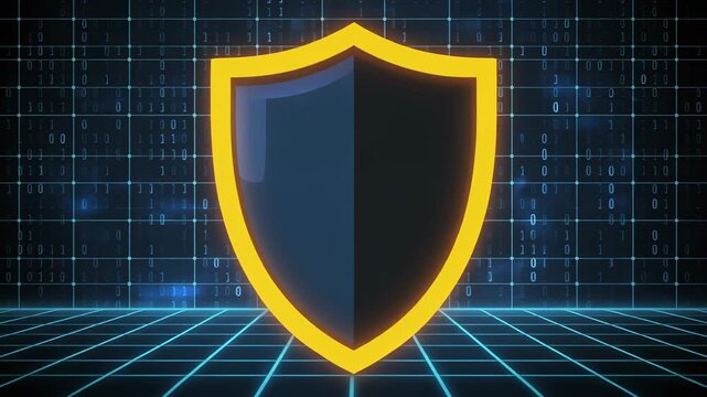 Abstract shield icon on digital grid background for cybersecurity concept