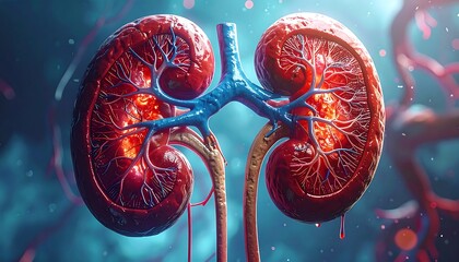 Two red kidneys, sliced, revealing inner structures with blue veins, set against an abstract background