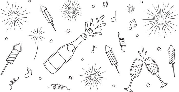 Hand-drawn New Years Eve illustration with champagne bottle fireworks and glasses simple line art for holiday celebrations and party invitations