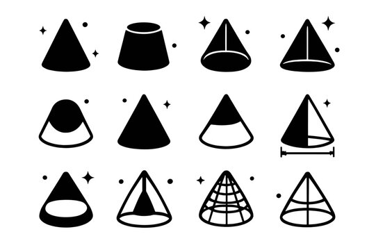 Geometric Cone Icons. Geometric cones. Solid icons set of geometric cones: simple cone shape, truncated cone, cone outline, cone with axis, cone projection,