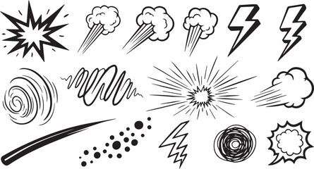 Set of hand-drawn comic elements including speed lines explosions and clouds vector illustration for graphic design