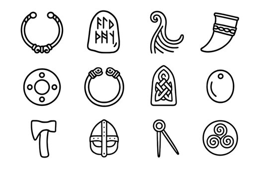 Celtic Norse Icon Grid. Celtic and Norse relics. Line icon set of Celtic and Norse relics: torc necklace, rune stone, longship prow, drinking horn, shield