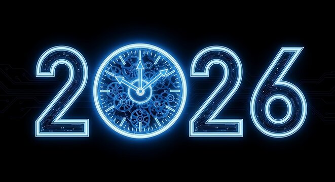 Glowing digital 2026 new year design with clock on a black background