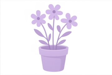 Cute purple flowers blooming in a pot, isolated vector illustration