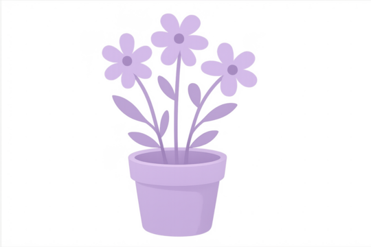Cute purple flowers blooming in a pot, isolated vector illustration
