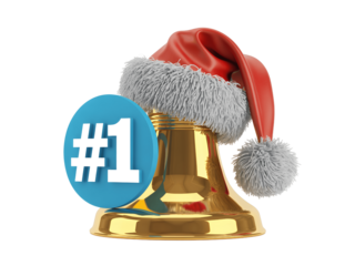 Golden bell with a santa hat and a number one sign isolated on transparent background
