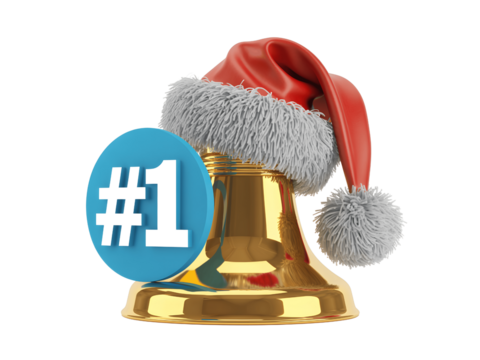Golden bell with a santa hat and a number one sign isolated on transparent background