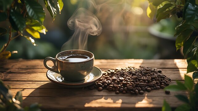 Morning coffee cup with beans and steaming aroma on rustic wood