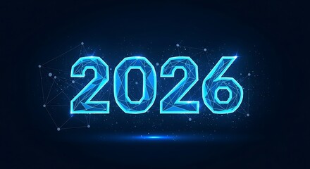 Abstract technology background with glowing 2026 number on dark backdrop