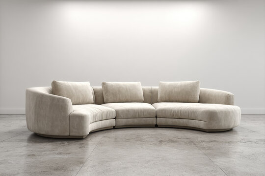 Curved sand-beige microfiber sectional sofa with low plinth base on white background