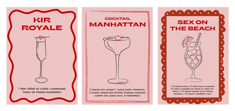 Retro whimsical cocktail recipe cards for Kir Royale, Manhattan, and Sex on the Beach. Hand drawn illustrations with playful borders. Classic bar drinks for party decor, graphic prints, menu design. - Powered by Adobe