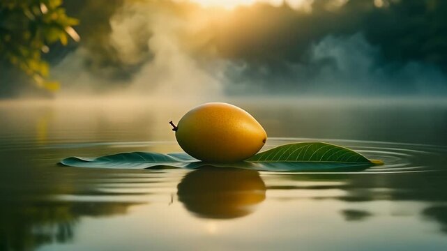 Golden Fruit Floating On Water With Green Leaf In Serene Nature Scene