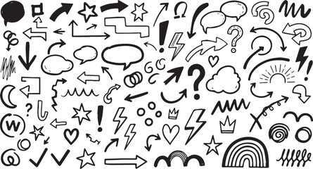 Hand-drawn doodle elements including arrows shapes and symbols vector illustration for design and decoration