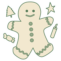 Obraz premium Cartoon christmas gingerbread cookies set. Xmas gingerbreads sweets star christmas tree, holiday decoration vector illustration