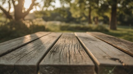 Fototapeta premium Rustic wooden table with blurry nature background perfect for outdoor dining