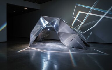 Futuristic geometric sculpture illuminated by neon lights in modern art exhibition