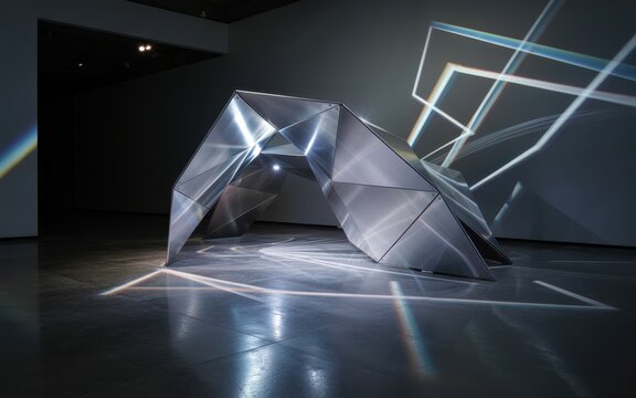 Futuristic geometric sculpture illuminated by neon lights in modern art exhibition