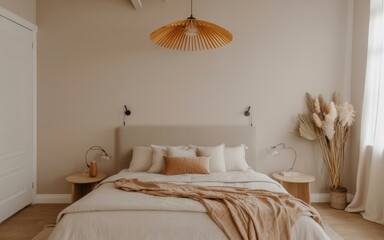 Cozy modern bedroom retreat with pendant light and neutral tones