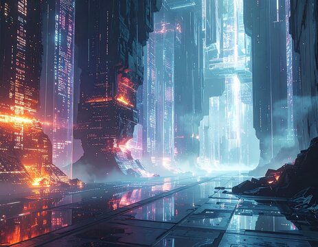 Futuristic city nestled between towering rock formations, glowing pathways