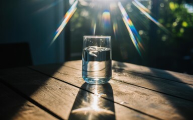 Refreshing clear water in a tall glass illuminated by bright sunlight outdoors
