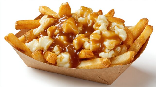 Canadian poutine dish with crispy french fries, cheese curds and brown gravy sauce served in paper tray, traditional Quebec comfort food
