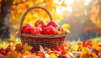 Woven basket filled with red apples surrounded by vibrant autumn leaves in a sun-drenched park scene