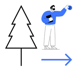 Man holding dollar coin near tree symbol and arrow indicating progress. Ideal for sustainability, investment, growth, eco consciousness, finance, future planning, corporate responsibility. Simple