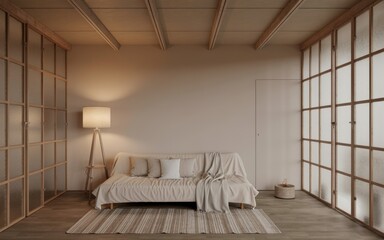 Modern minimalist studio apartment with futon stylish decor and large windows creating a serene living space