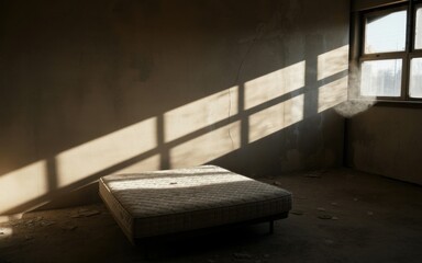 Sunlight streams through a broken window frame casting geometric shadows indoors